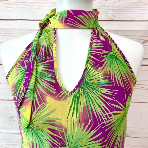 Vintage Y2K Victoria’s Secret Magenta Chartreuse Tropical Palm Silk Halter Top - Picture 2 of 8